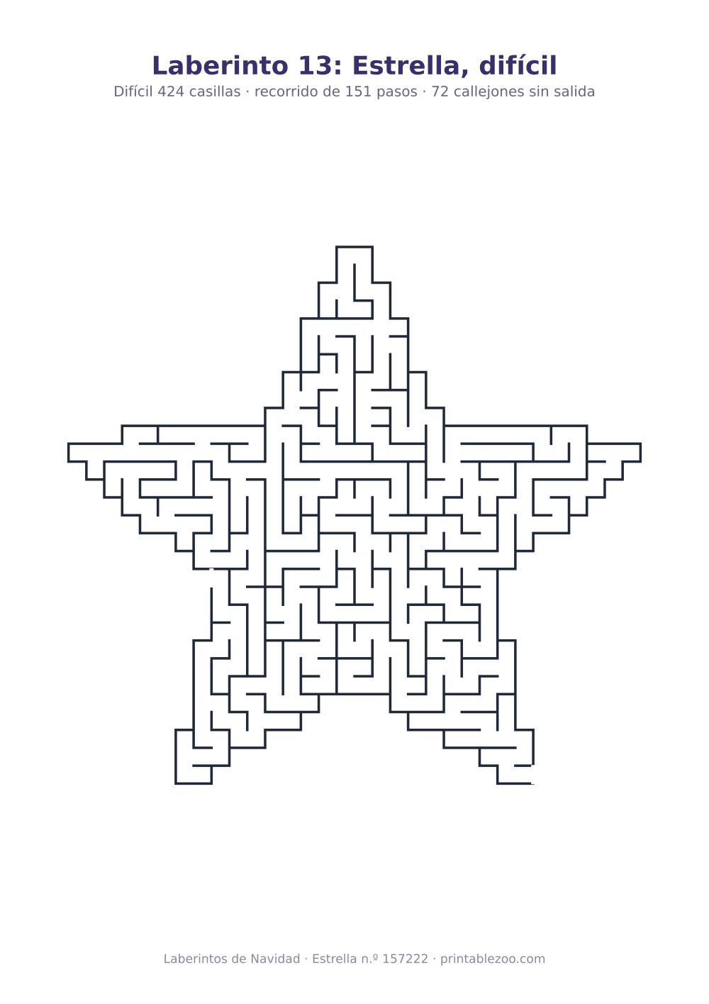 Laberinto para imprimir con forma de estrella, 424 casillas y 72 callejones sin salida, pasatiempo 157222