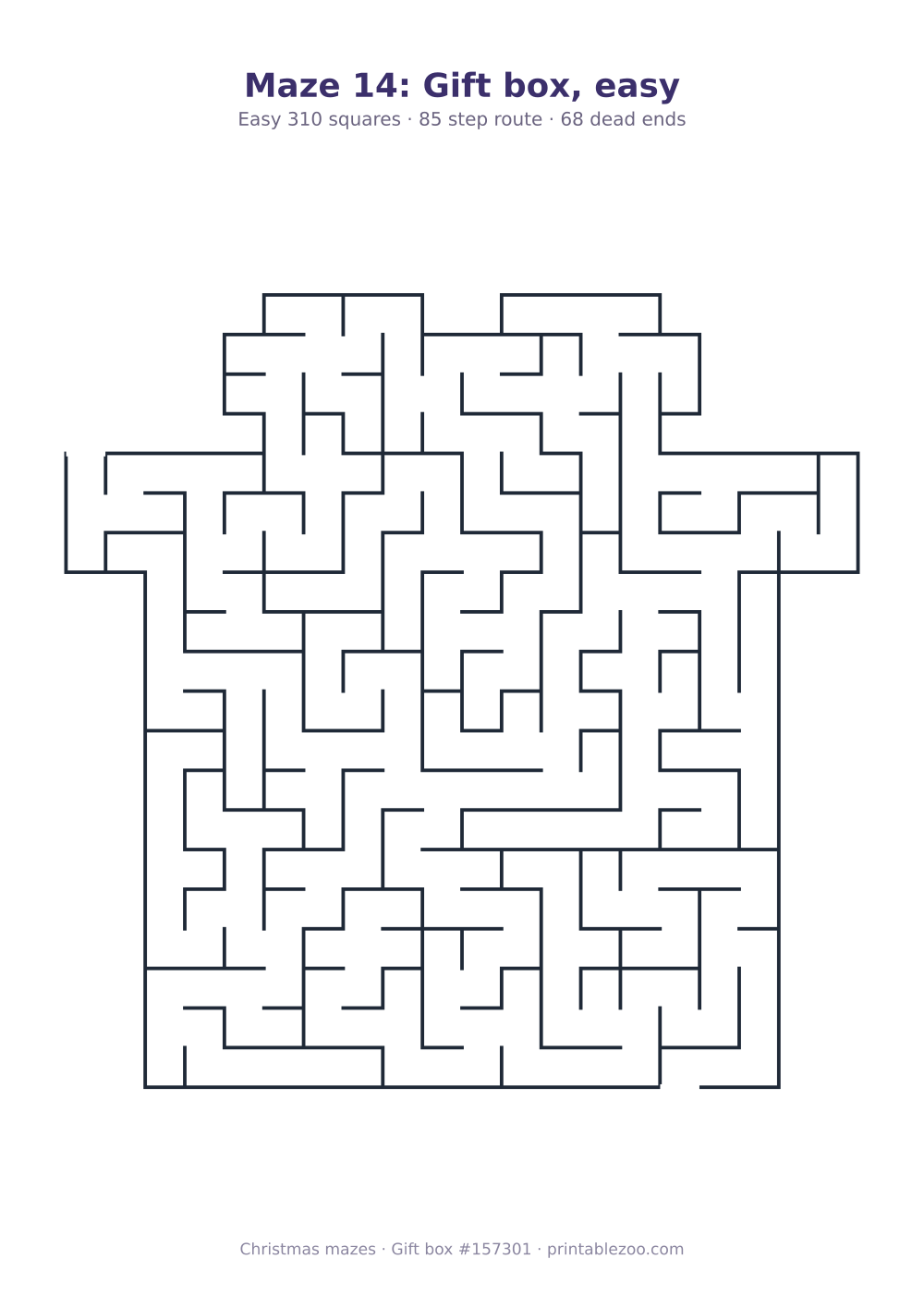 Printable gift box shaped maze, 310 squares and 68 dead ends, puzzle 157301