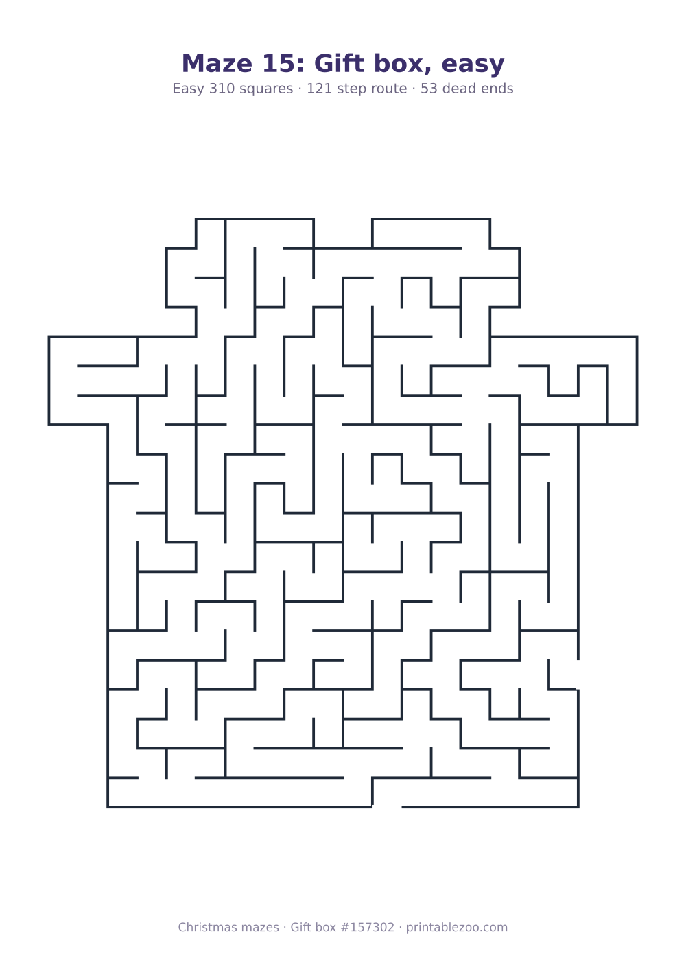 Printable gift box shaped maze, 310 squares and 53 dead ends, puzzle 157302