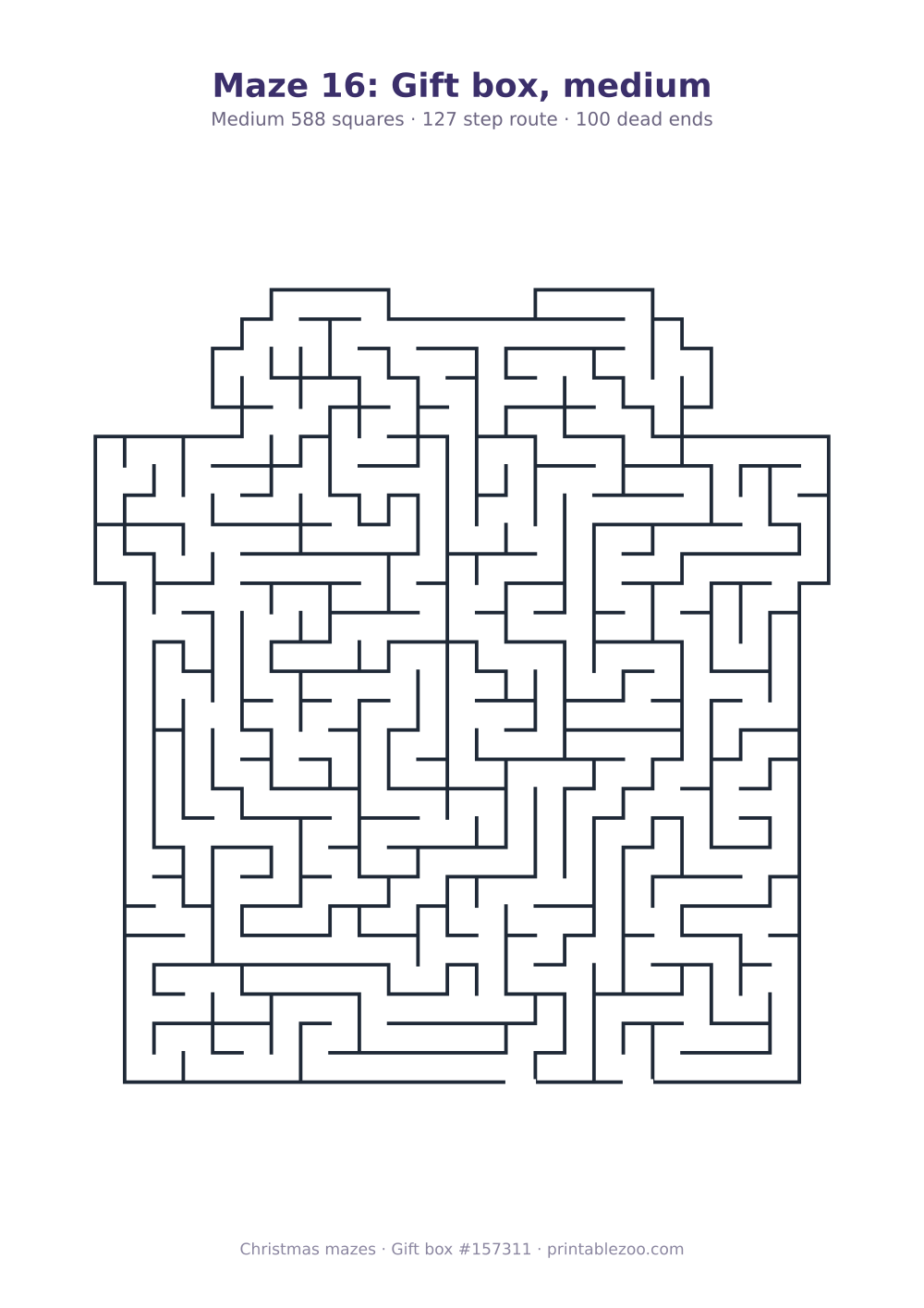 Printable gift box shaped maze, 588 squares and 100 dead ends, puzzle 157311