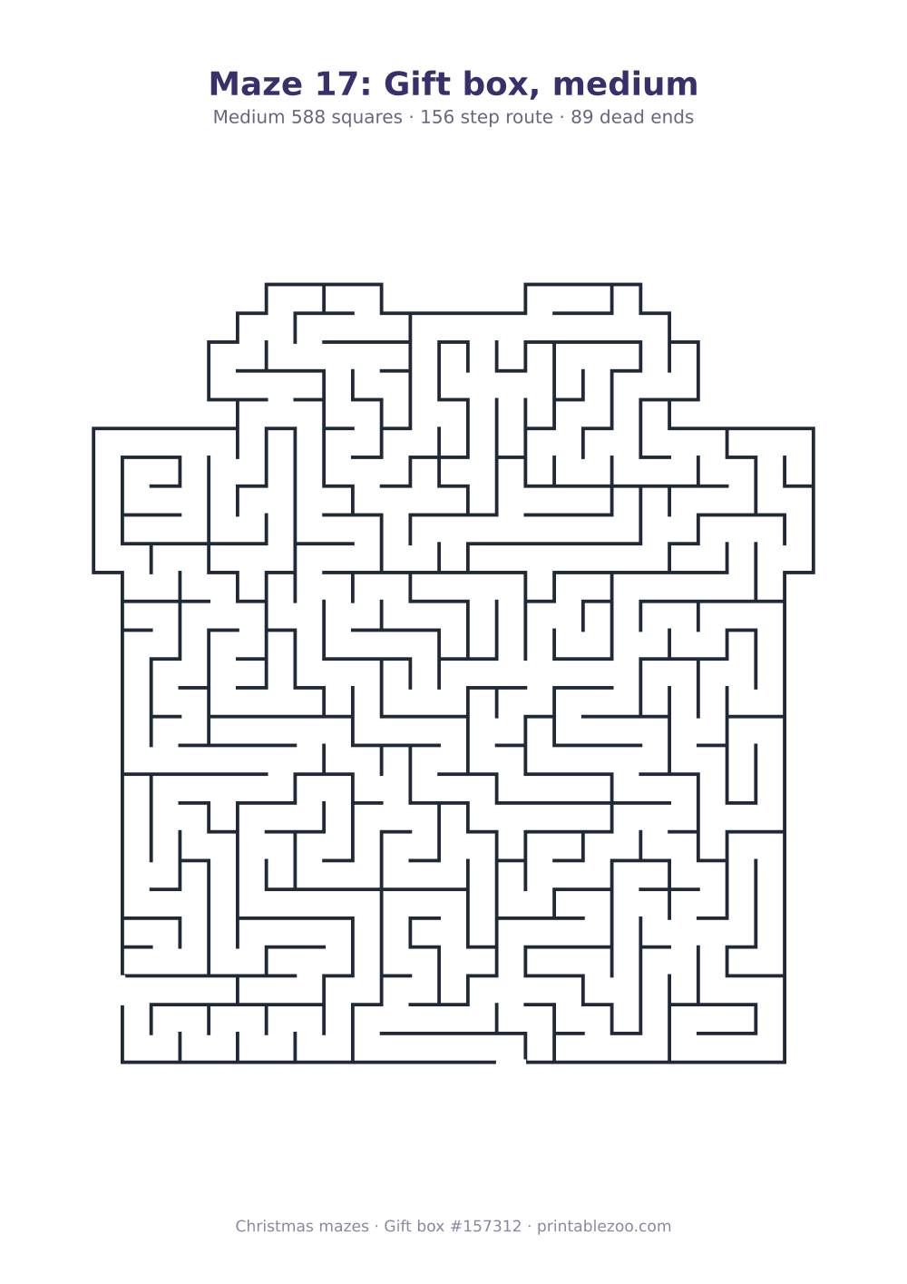 Printable gift box shaped maze, 588 squares and 89 dead ends, puzzle 157312
