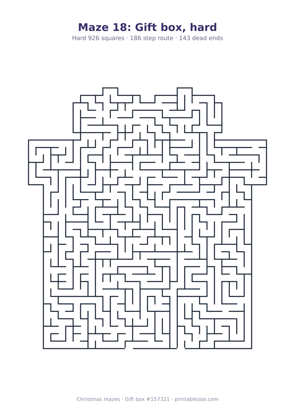 Printable gift box shaped maze, 926 squares and 143 dead ends, puzzle 157321