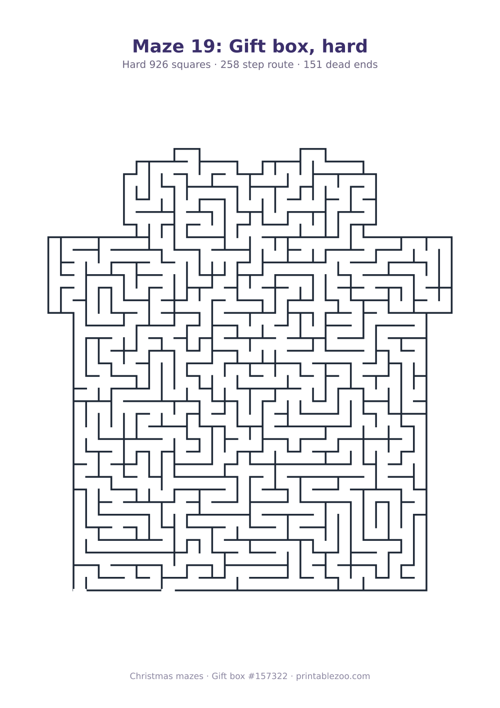 Printable gift box shaped maze, 926 squares and 151 dead ends, puzzle 157322