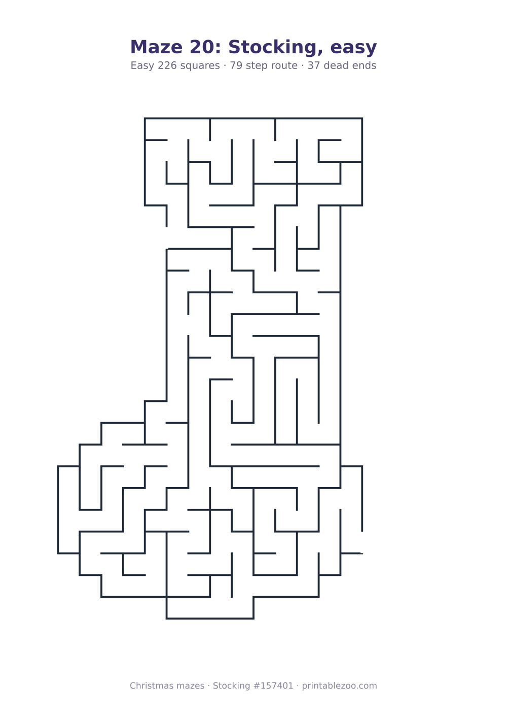 Printable stocking shaped maze, 226 squares and 37 dead ends, puzzle 157401