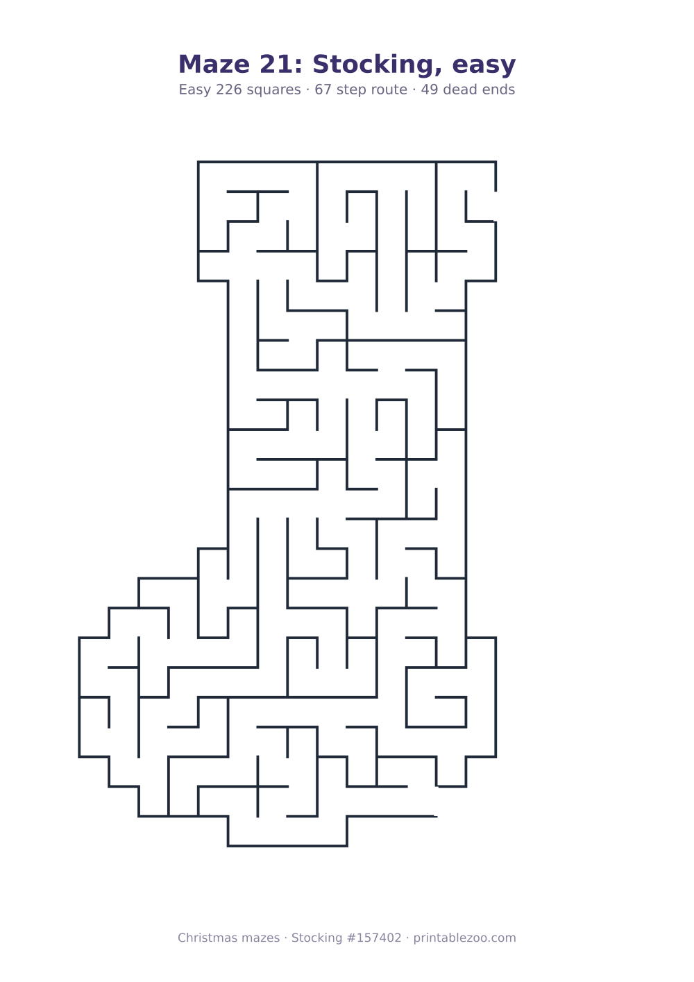 Printable stocking shaped maze, 226 squares and 49 dead ends, puzzle 157402