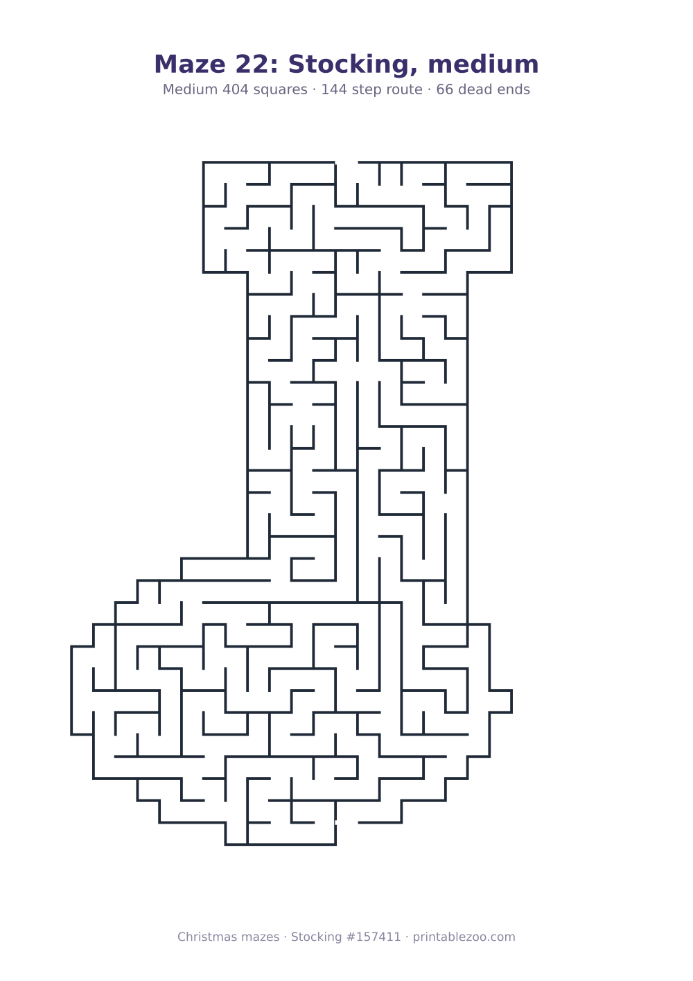 Printable stocking shaped maze, 404 squares and 66 dead ends, puzzle 157411