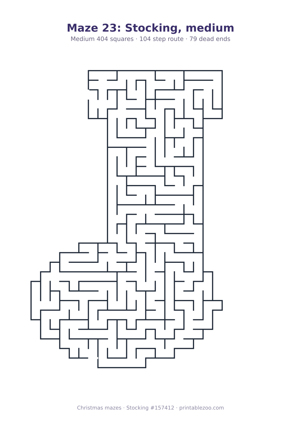 Printable stocking shaped maze, 404 squares and 79 dead ends, puzzle 157412