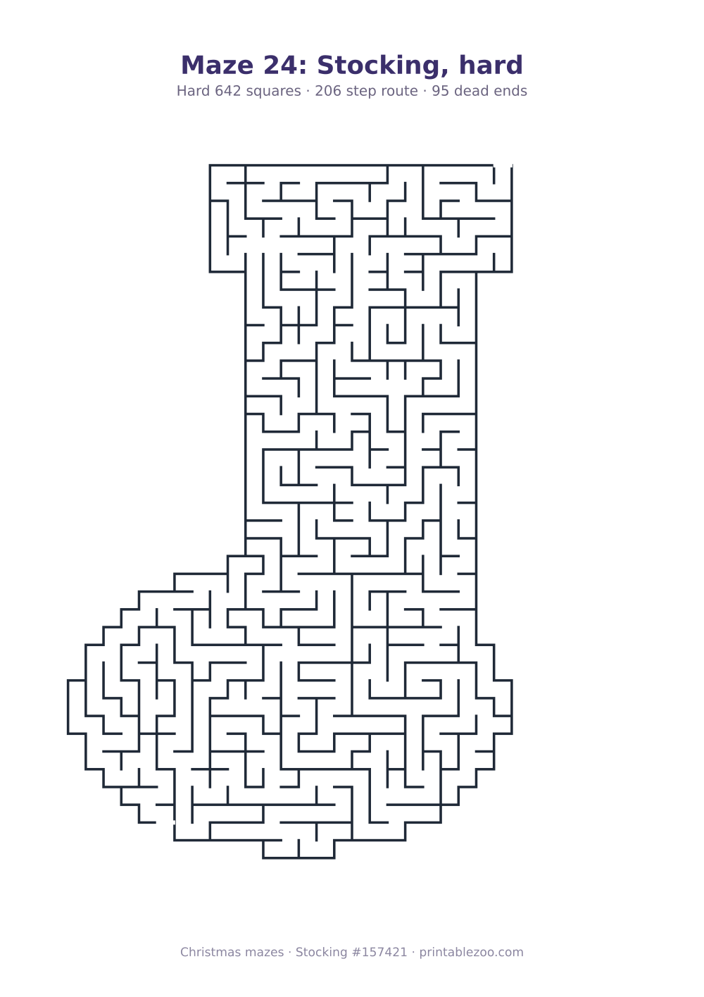 Printable stocking shaped maze, 642 squares and 95 dead ends, puzzle 157421