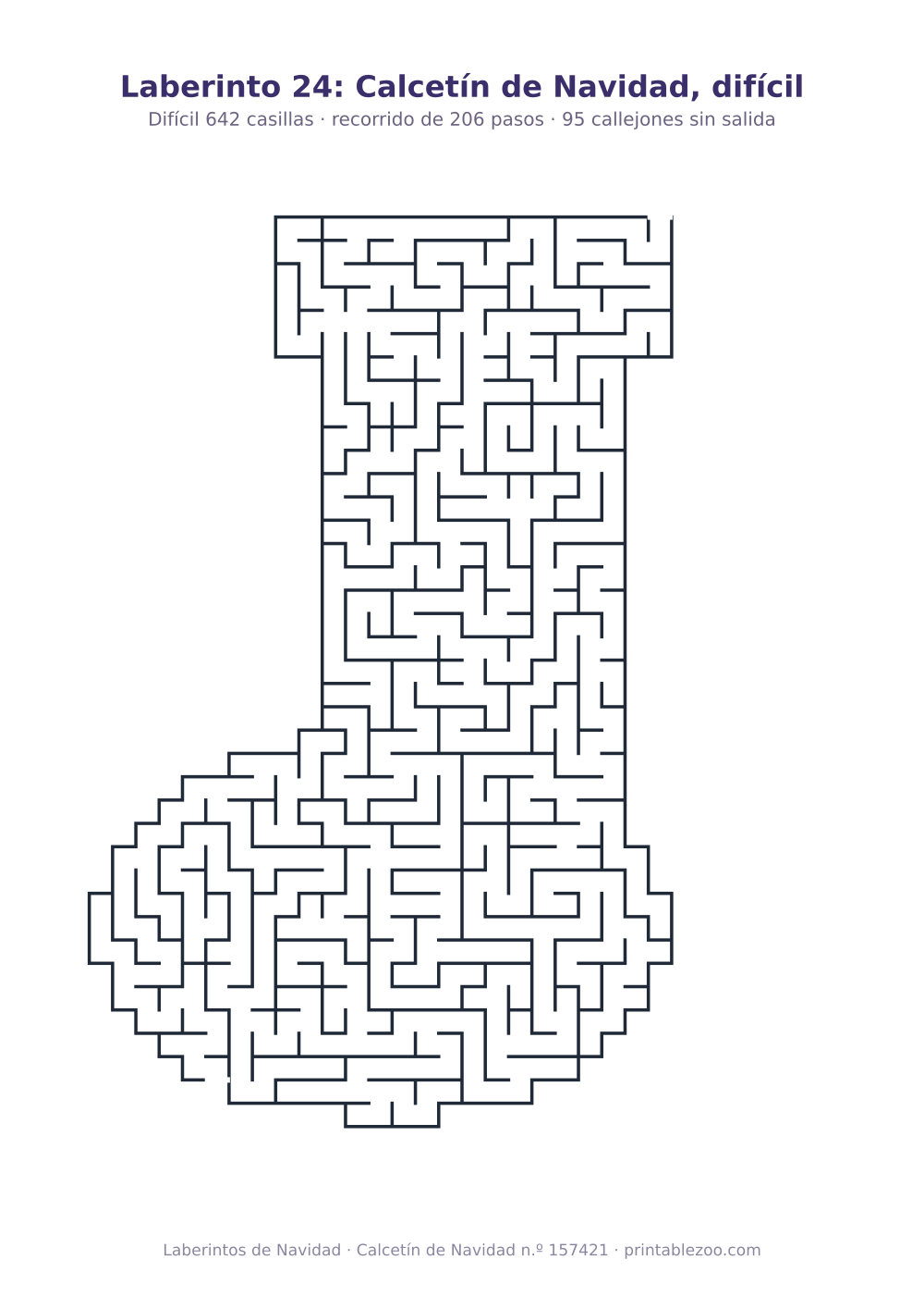 Laberinto para imprimir con forma de calcetín de navidad, 642 casillas y 95 callejones sin salida, pasatiempo 157421