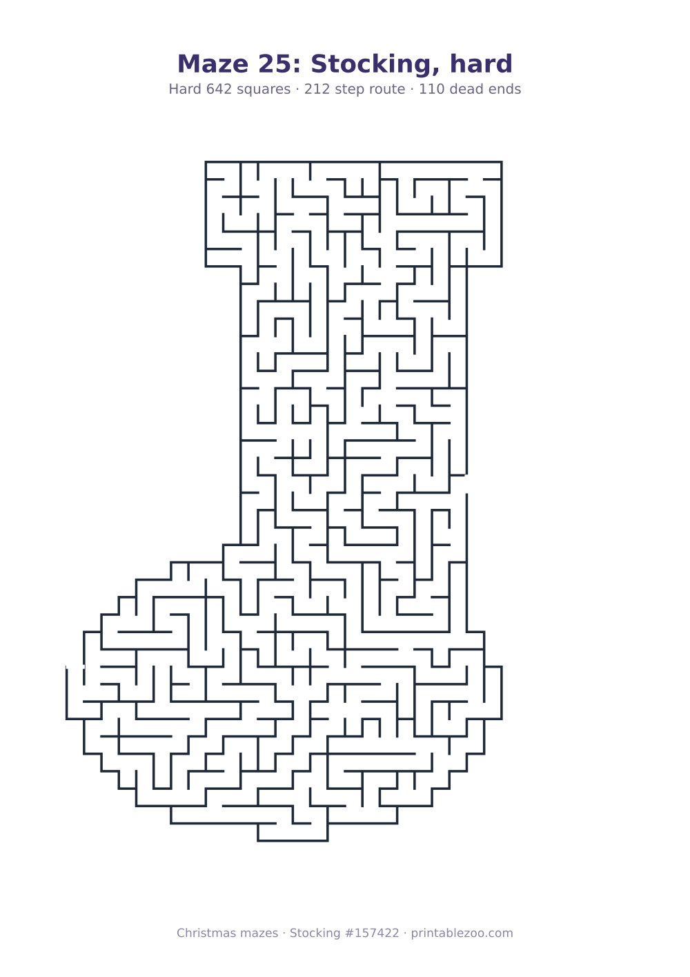Printable stocking shaped maze, 642 squares and 110 dead ends, puzzle 157422