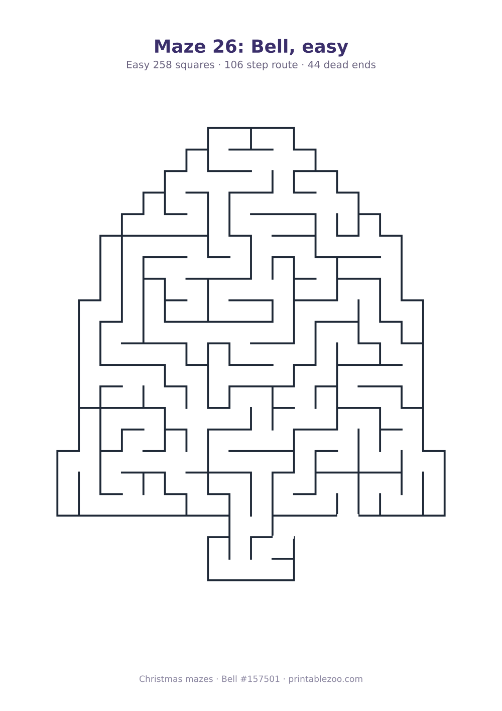 Printable bell shaped maze, 258 squares and 44 dead ends, puzzle 157501