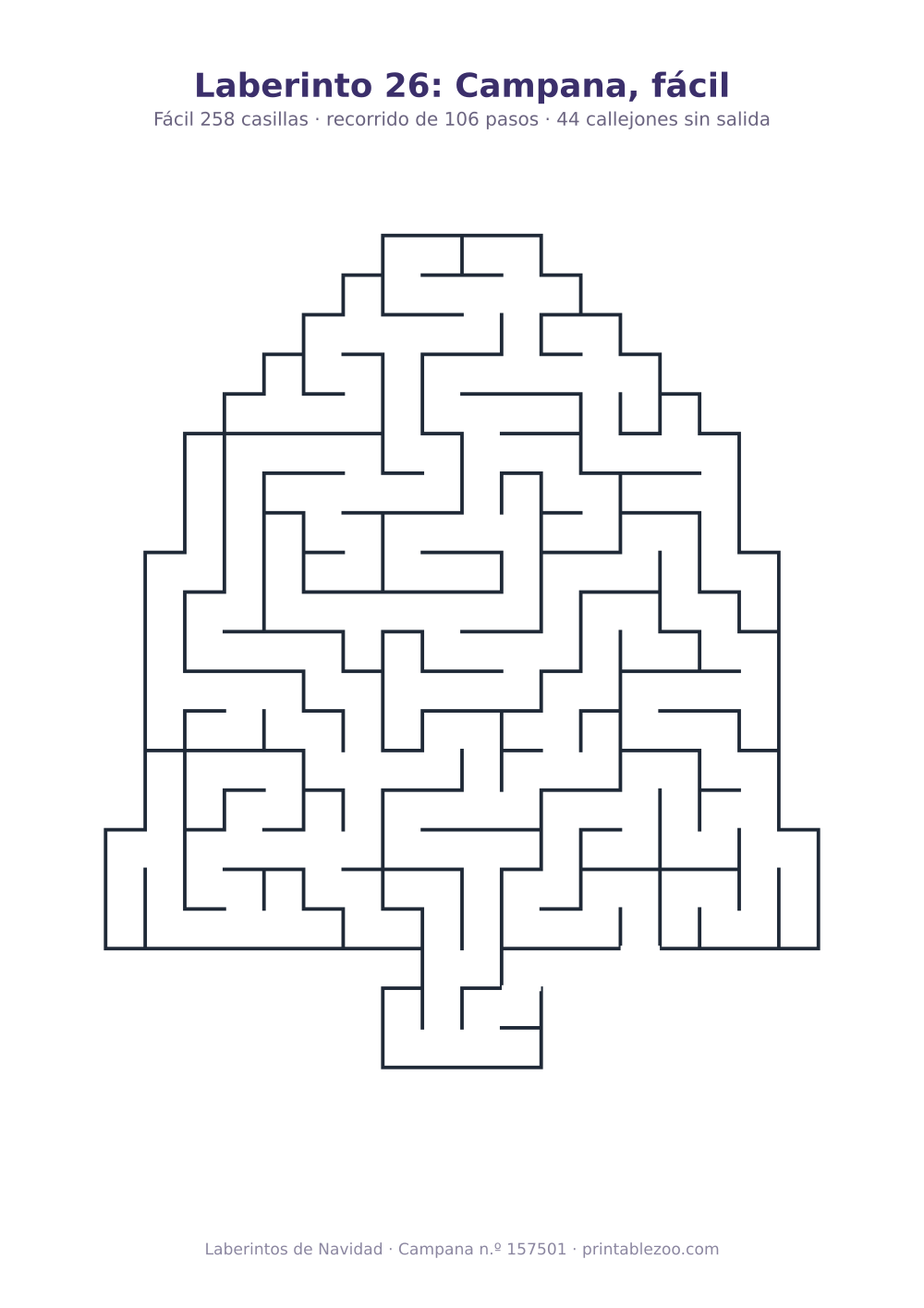 Laberinto para imprimir con forma de campana, 258 casillas y 44 callejones sin salida, pasatiempo 157501