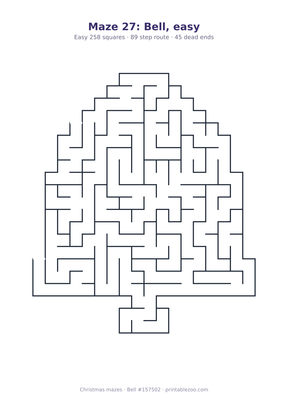 Printable bell shaped maze, 258 squares and 45 dead ends, puzzle 157502