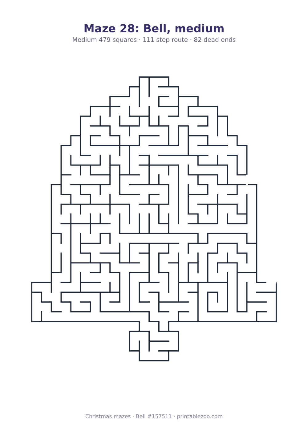 Printable bell shaped maze, 479 squares and 82 dead ends, puzzle 157511
