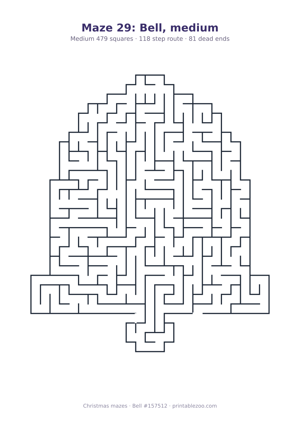 Printable bell shaped maze, 479 squares and 81 dead ends, puzzle 157512