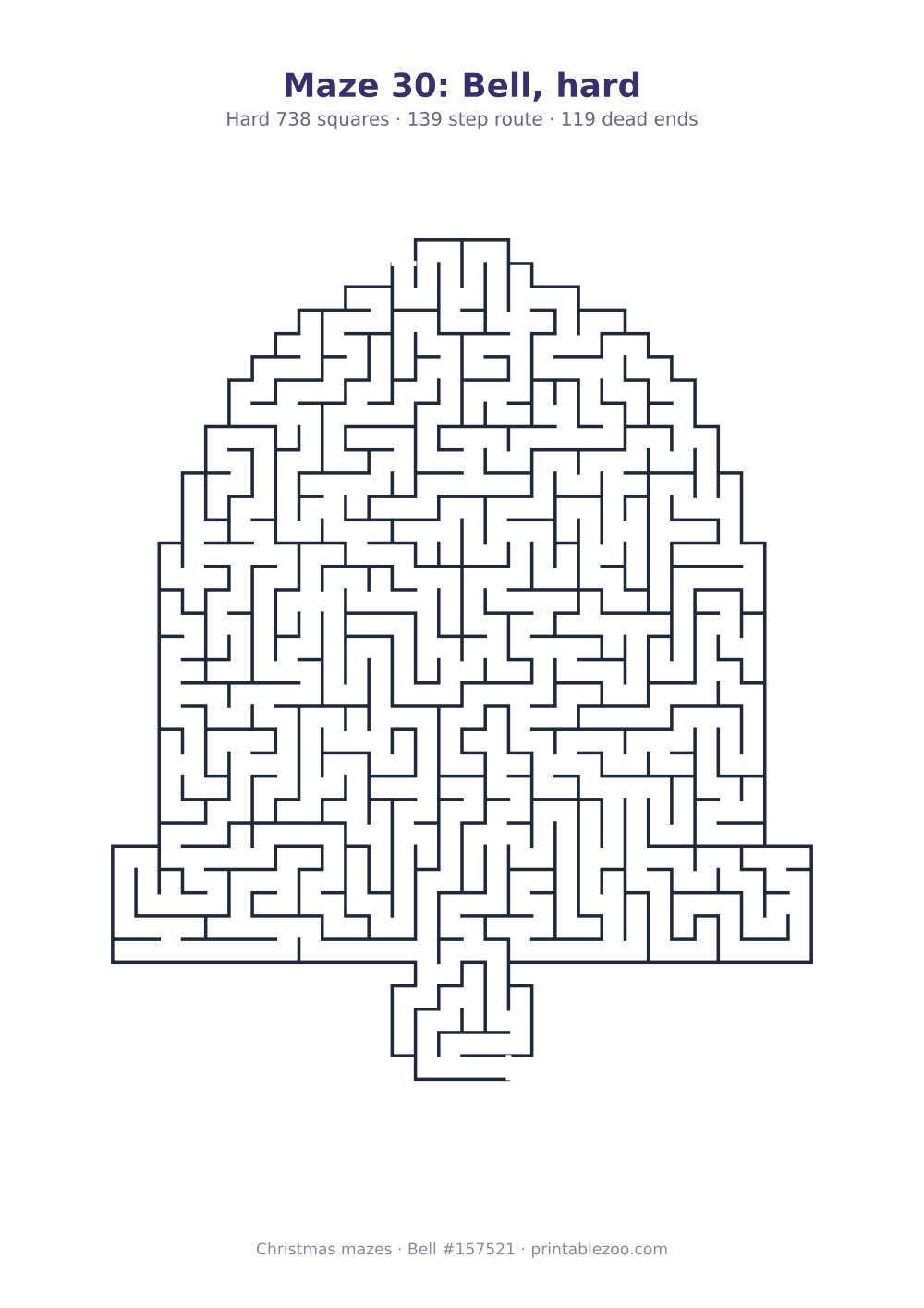 Printable bell shaped maze, 738 squares and 119 dead ends, puzzle 157521