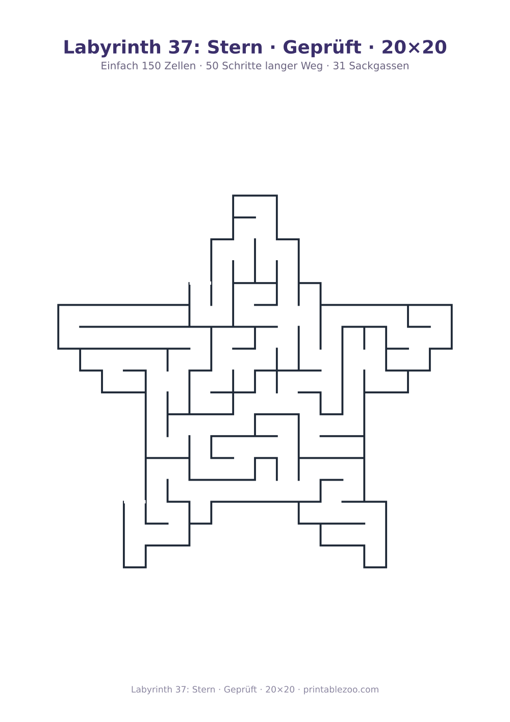 Labyrinth 37: Stern · Geprüft · 20×20 als druckfertige Vorschau, Katalognummer 164201 Rätsel Nr. 164201.