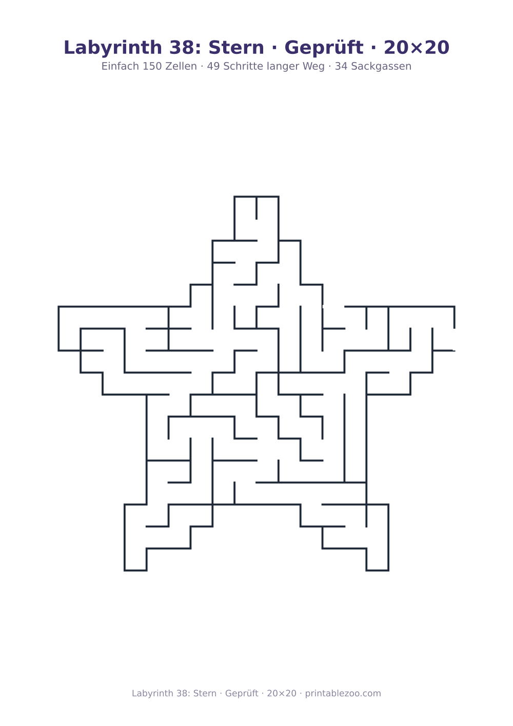 Labyrinth 38: Stern · Geprüft · 20×20 als druckfertige Vorschau, Katalognummer 164202 Rätsel Nr. 164202.