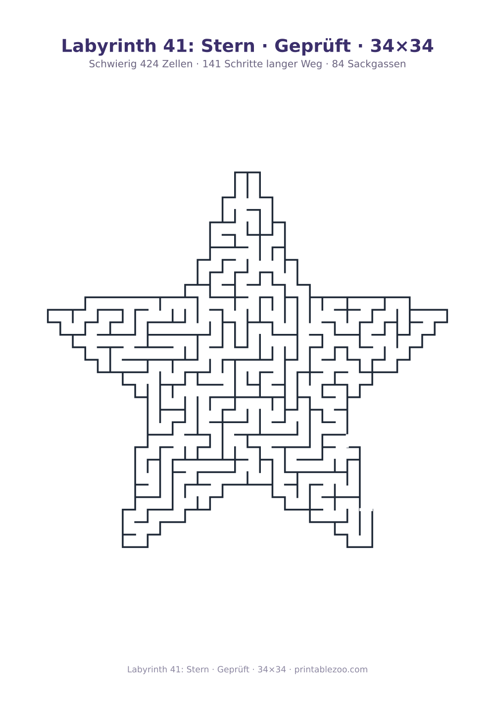 Labyrinth 41: Stern · Geprüft · 34×34 als druckfertige Vorschau, Katalognummer 164221 Rätsel Nr. 164221.
