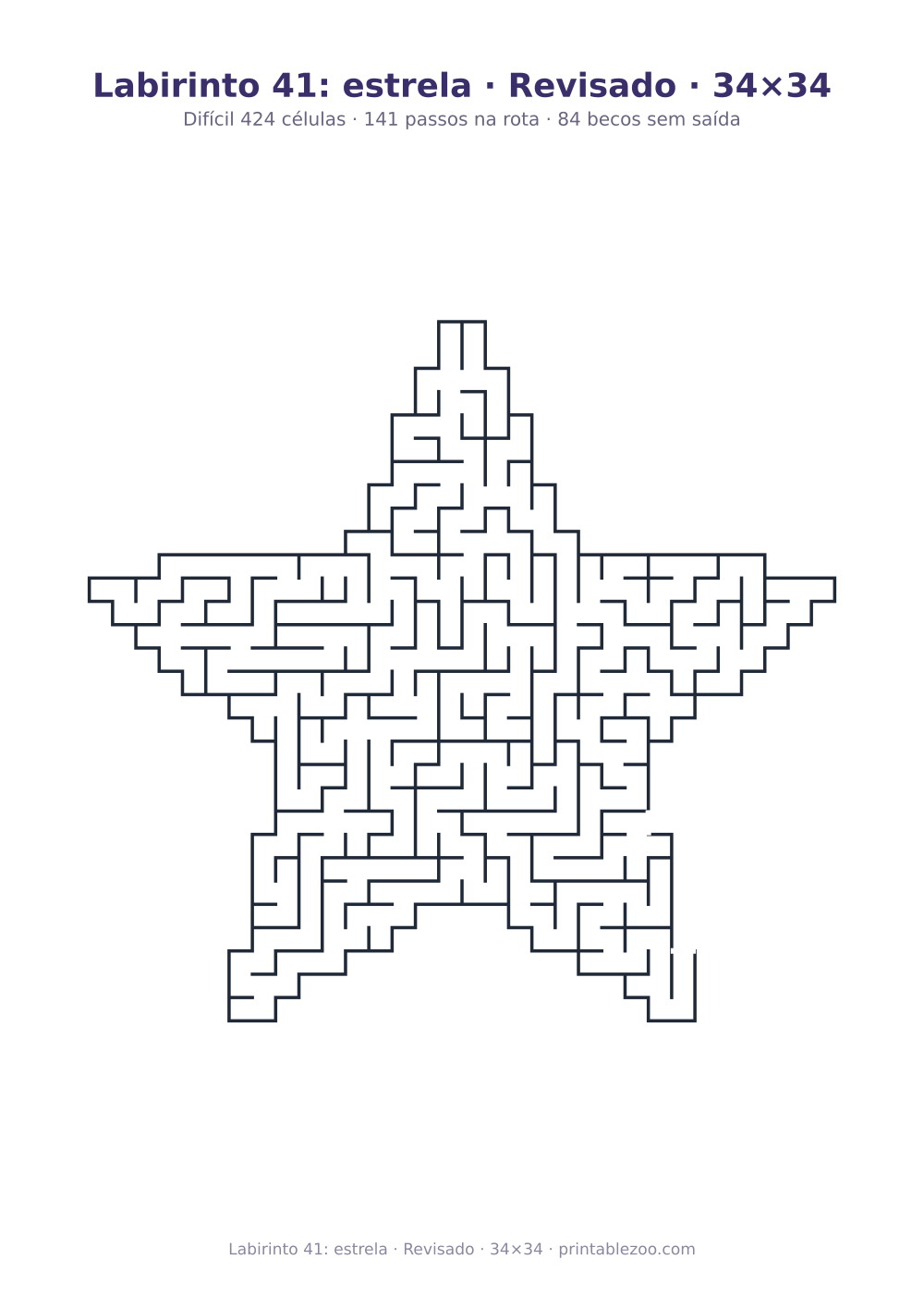 Prévia pronta para imprimir: Labirinto 41: estrela · Revisado · 34×34, catálogo nº 164221 Passatempo nº 164221.