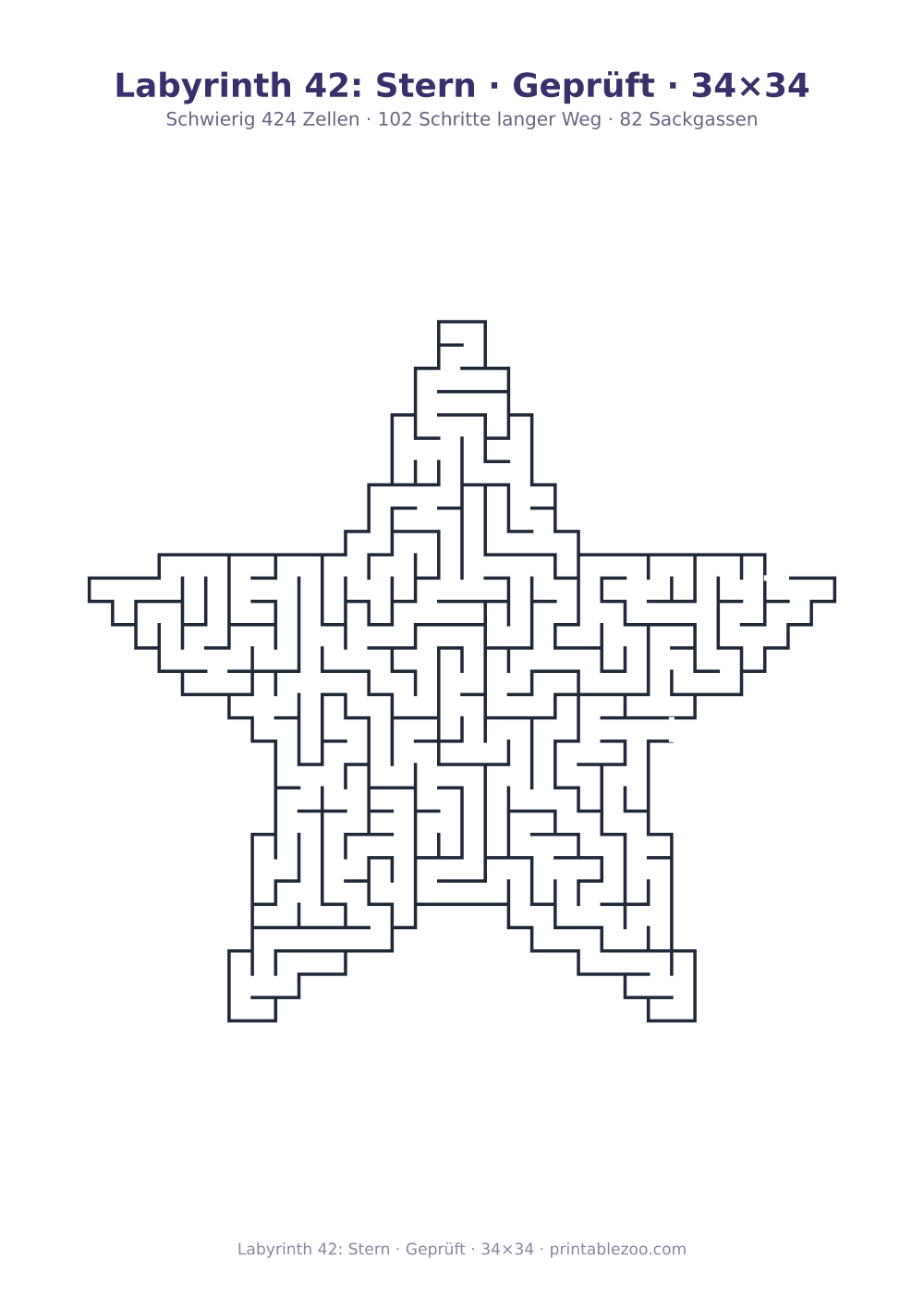 Labyrinth 42: Stern · Geprüft · 34×34 als druckfertige Vorschau, Katalognummer 164222 Rätsel Nr. 164222.