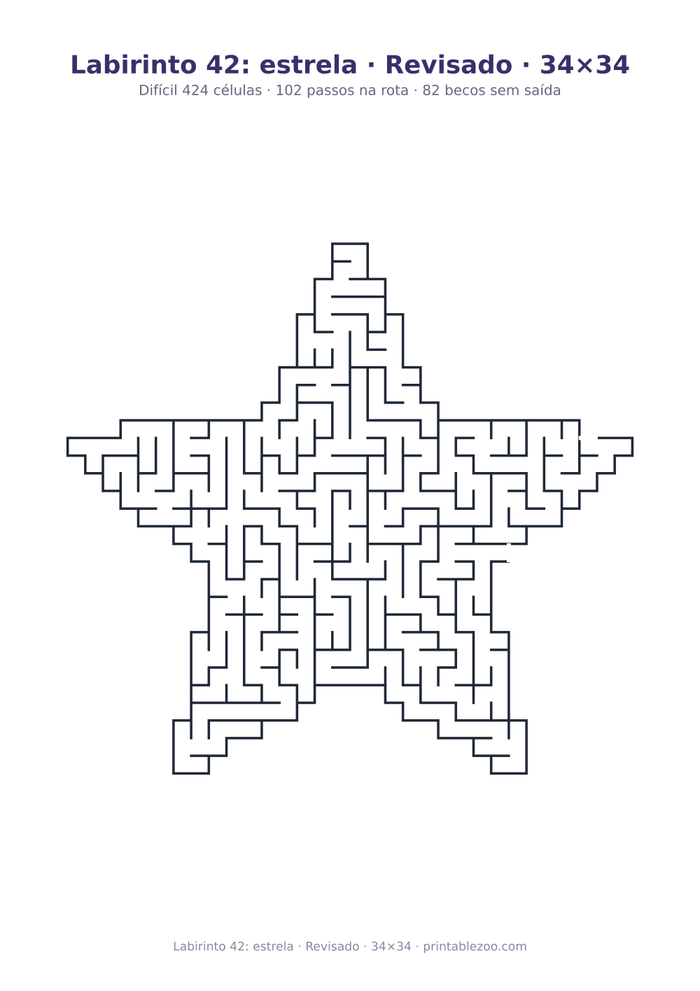 Prévia pronta para imprimir: Labirinto 42: estrela · Revisado · 34×34, catálogo nº 164222 Passatempo nº 164222.