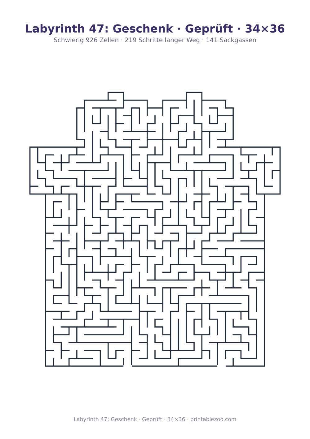 Labyrinth 47: Geschenk · Geprüft · 34×36 als druckfertige Vorschau, Katalognummer 164321 Rätsel Nr. 164321.