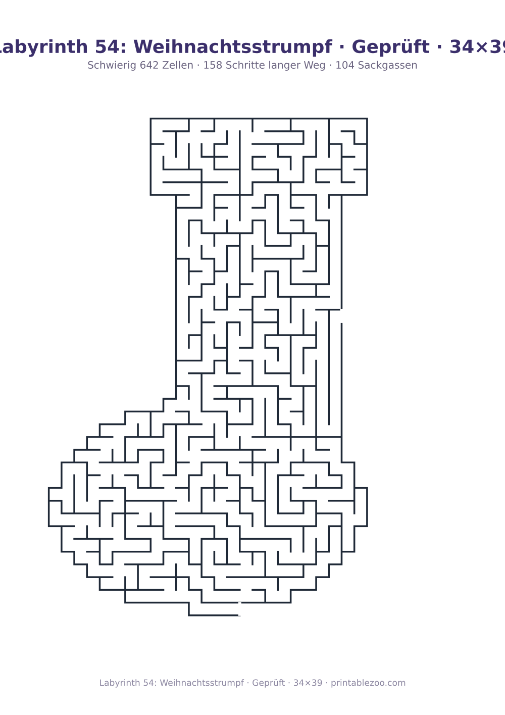 Labyrinth 54: Weihnachtsstrumpf · Geprüft · 34×39 als druckfertige Vorschau, Katalognummer 164422 Rätsel Nr. 164422.