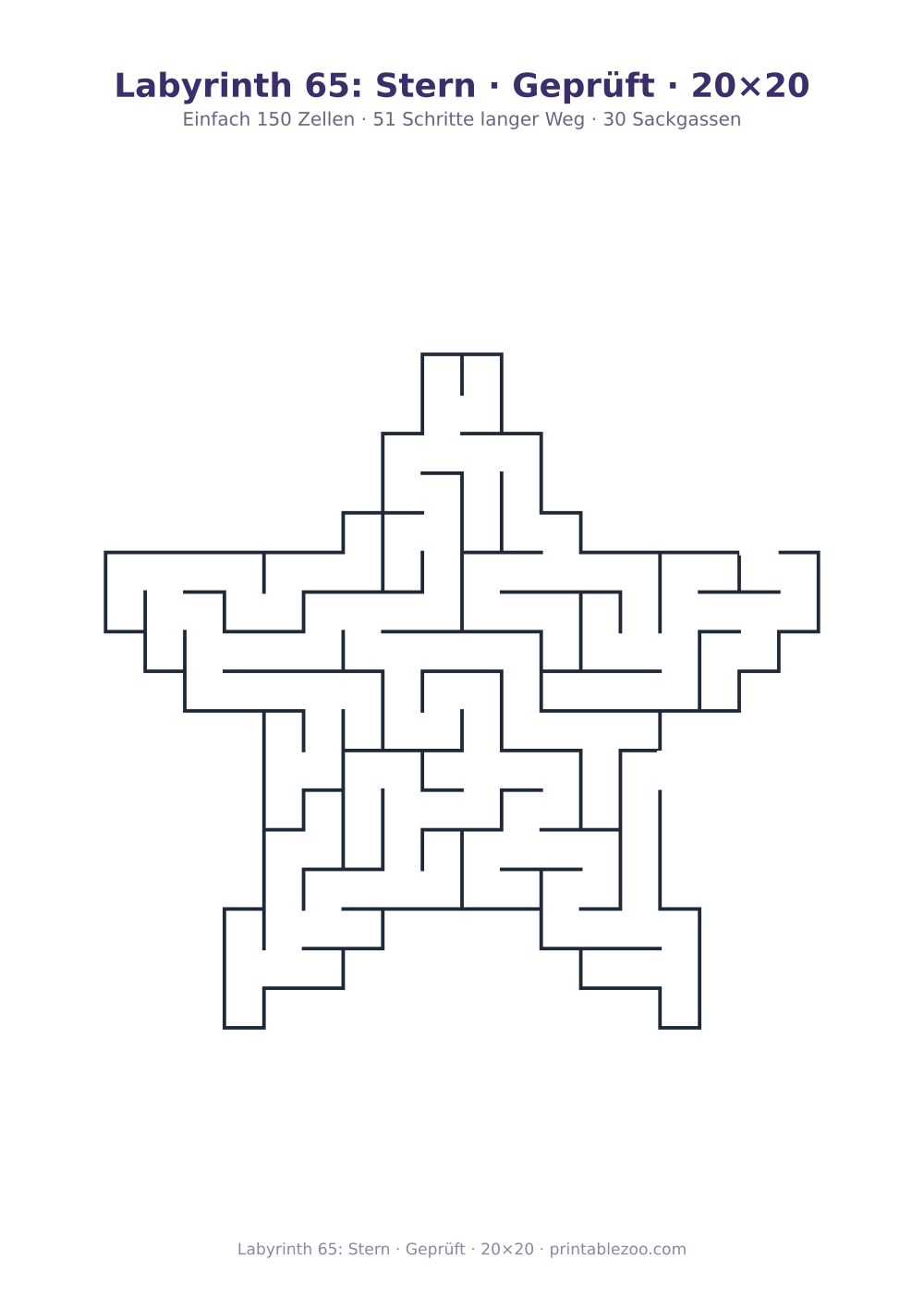 Labyrinth 65: Stern · Geprüft · 20×20 als druckfertige Vorschau, Katalognummer 164631 Rätsel Nr. 164631.