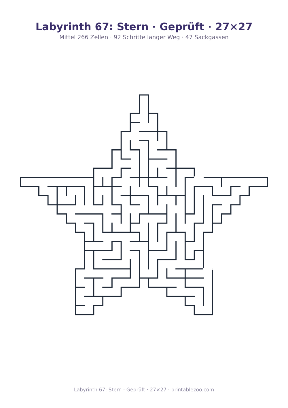 Labyrinth 67: Stern · Geprüft · 27×27 als druckfertige Vorschau, Katalognummer 164641 Rätsel Nr. 164641.