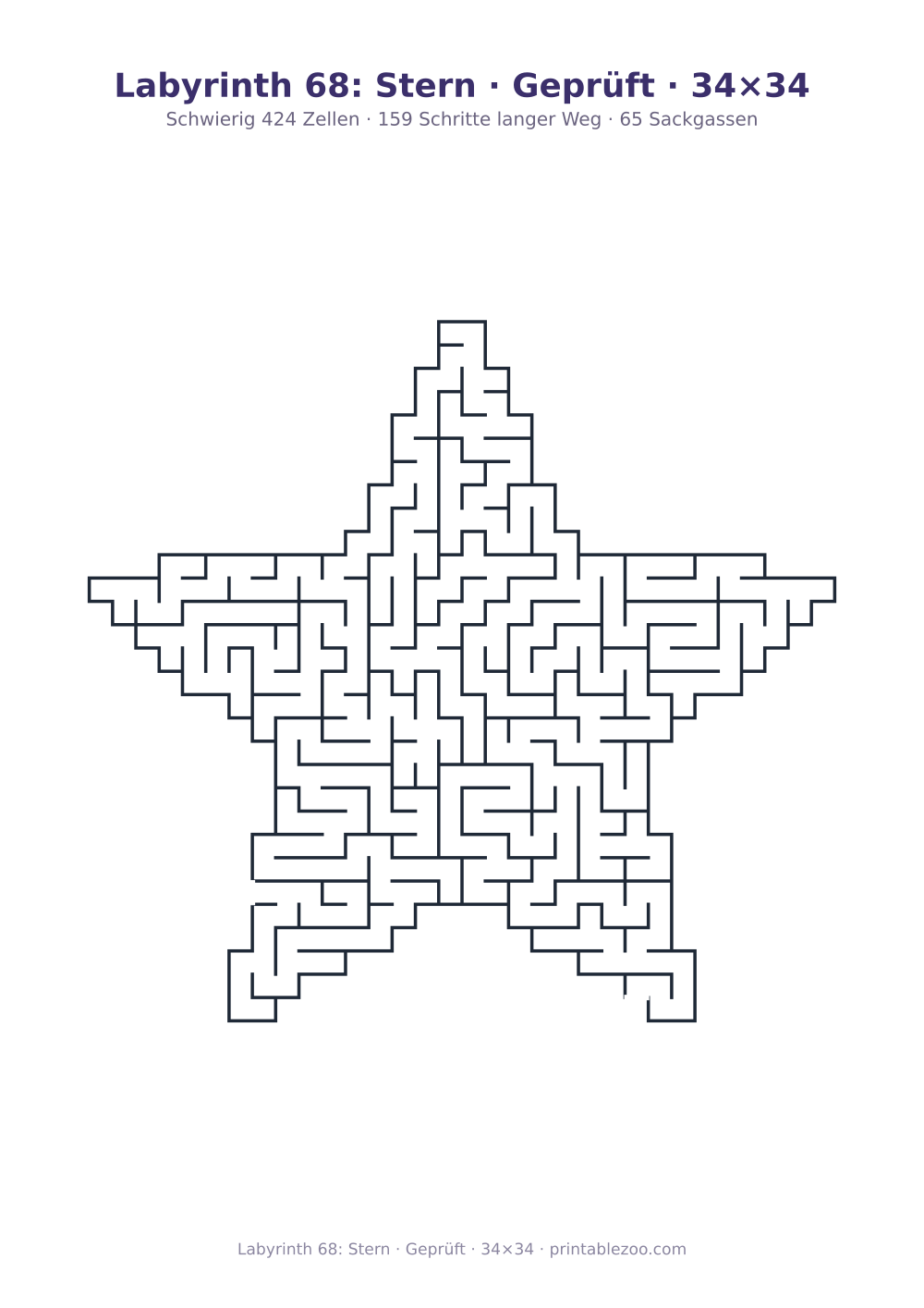 Labyrinth 68: Stern · Geprüft · 34×34 als druckfertige Vorschau, Katalognummer 164651 Rätsel Nr. 164651.