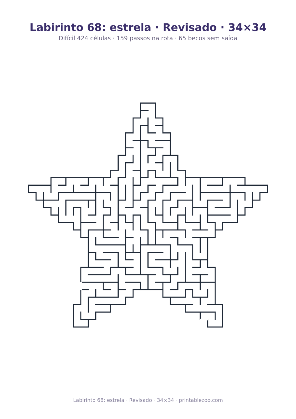 Prévia pronta para imprimir: Labirinto 68: estrela · Revisado · 34×34, catálogo nº 164651 Passatempo nº 164651.