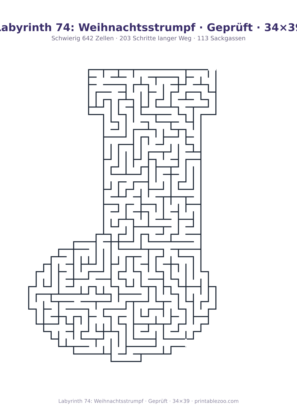 Labyrinth 74: Weihnachtsstrumpf · Geprüft · 34×39 als druckfertige Vorschau, Katalognummer 164711 Rätsel Nr. 164711.