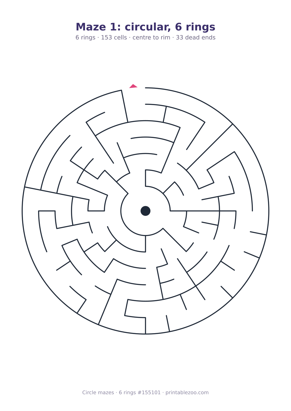 Printable circular maze with 6 rings, 153 cells and 33 dead ends, puzzle 155101