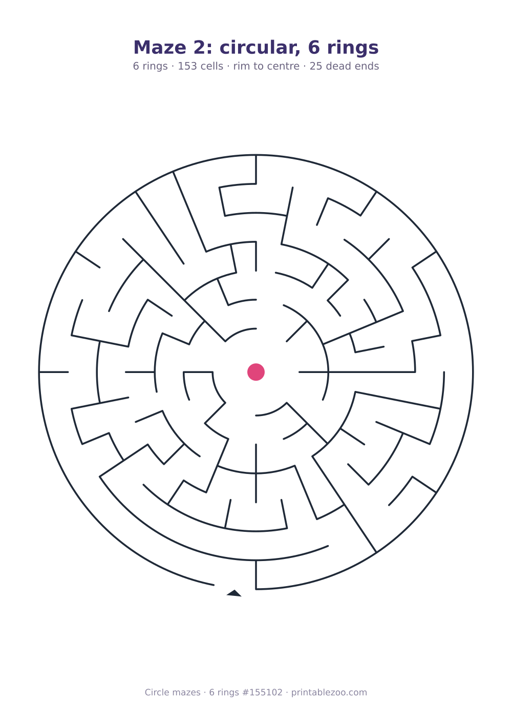 Printable circular maze with 6 rings, 153 cells and 25 dead ends, puzzle 155102