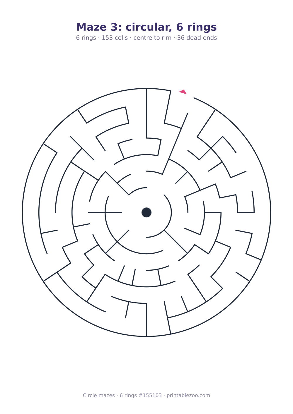 Printable circular maze with 6 rings, 153 cells and 36 dead ends, puzzle 155103