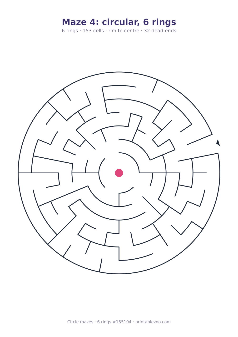 Printable circular maze with 6 rings, 153 cells and 32 dead ends, puzzle 155104