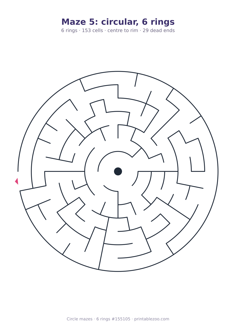 Printable circular maze with 6 rings, 153 cells and 29 dead ends, puzzle 155105