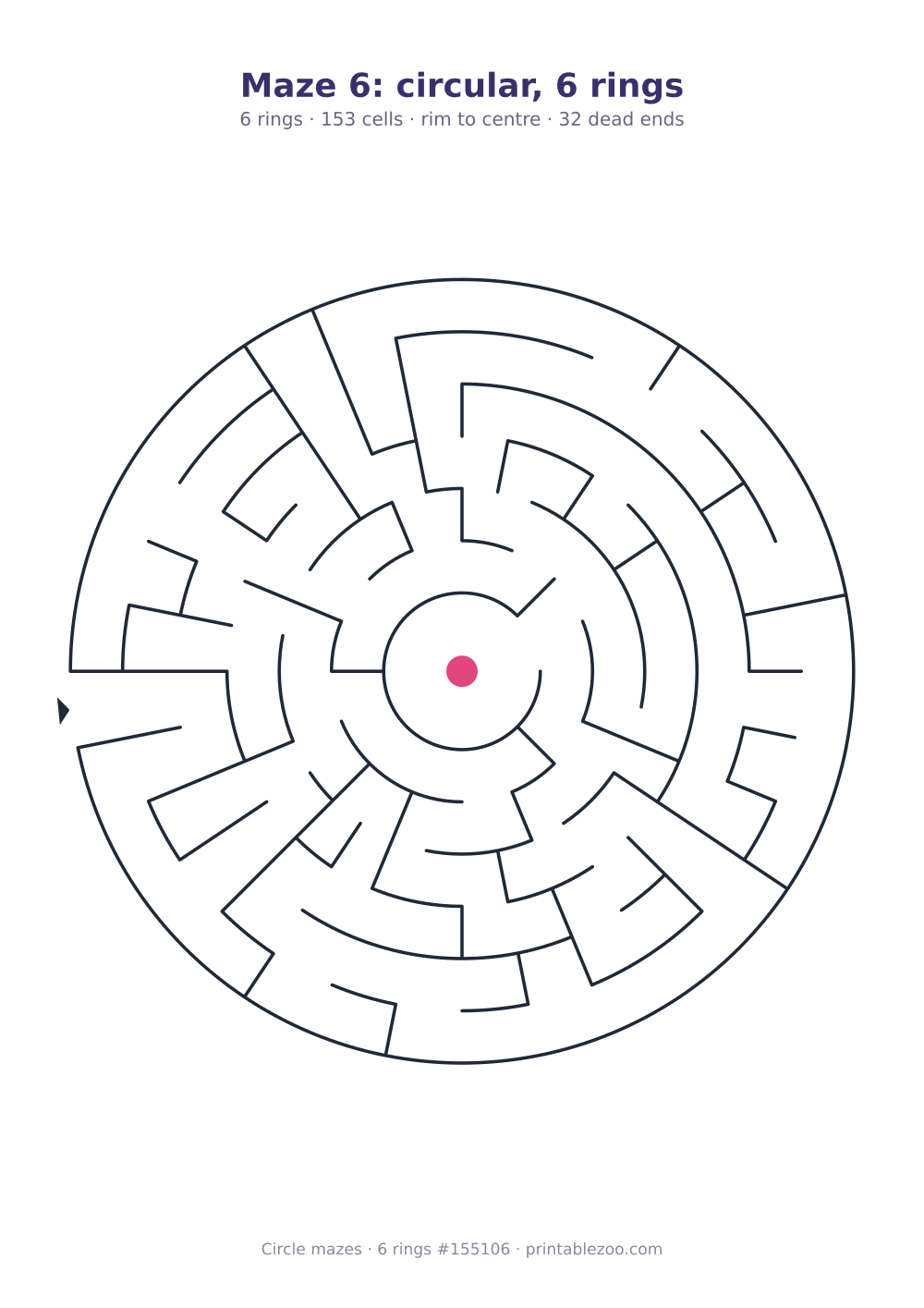 Printable circular maze with 6 rings, 153 cells and 32 dead ends, puzzle 155106