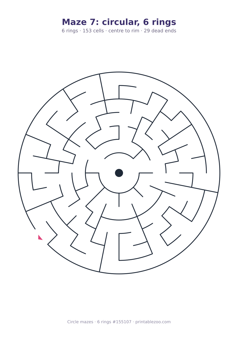 Printable circular maze with 6 rings, 153 cells and 29 dead ends, puzzle 155107