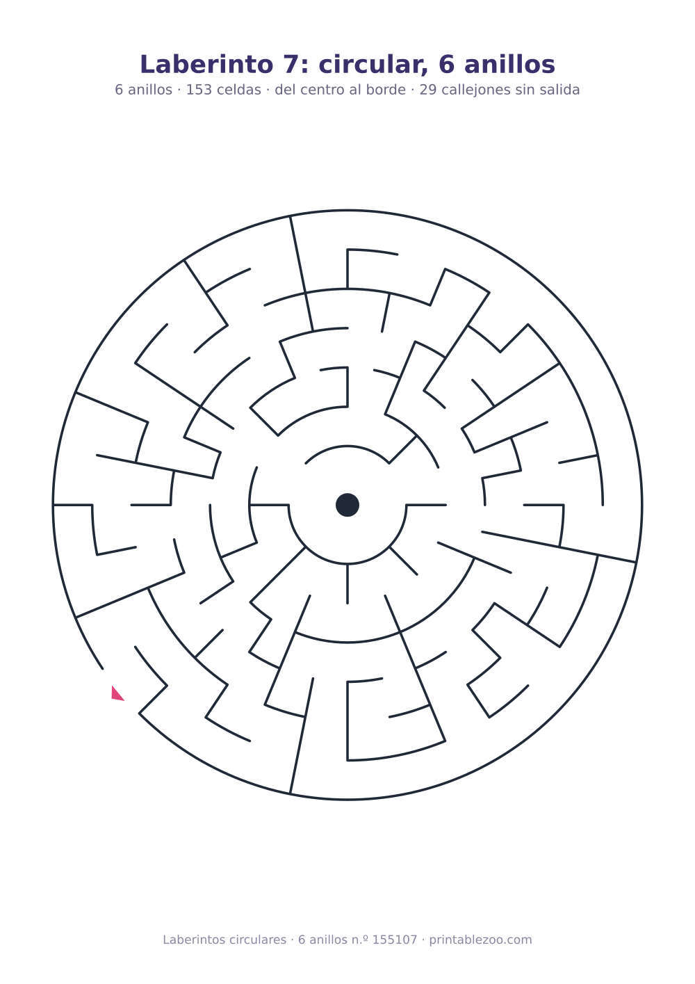 Laberinto circular para imprimir de 6 anillos, 153 celdas y 29 callejones sin salida, pasatiempo 155107