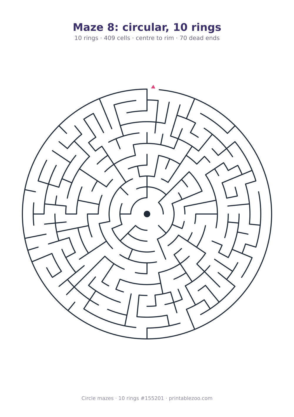 Printable circular maze with 10 rings, 409 cells and 70 dead ends, puzzle 155201