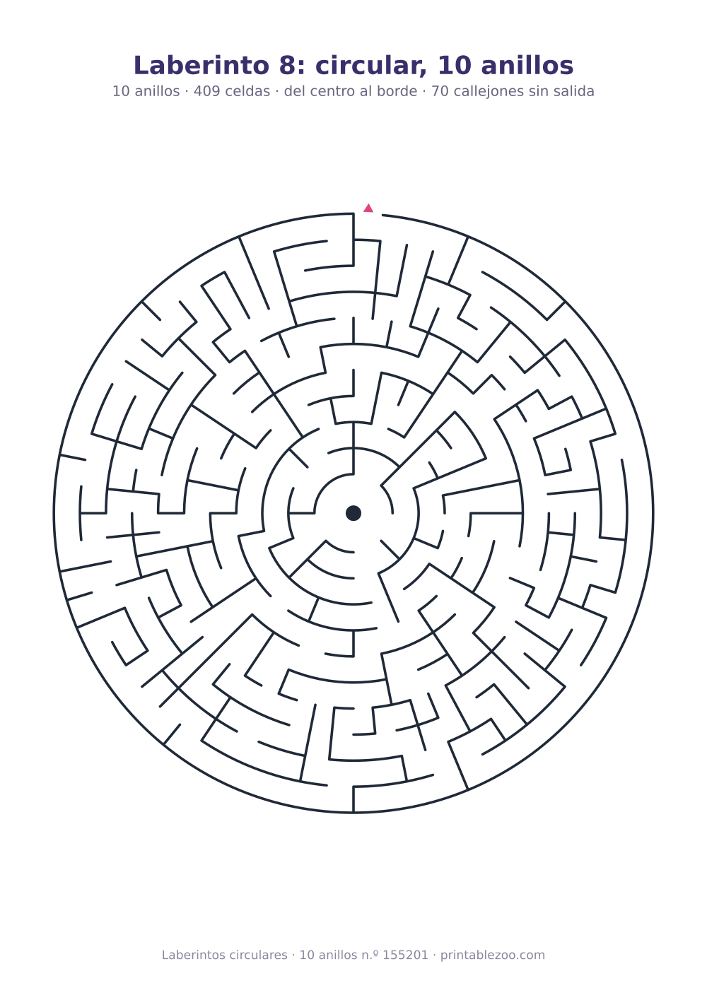 Laberinto circular para imprimir de 10 anillos, 409 celdas y 70 callejones sin salida, pasatiempo 155201