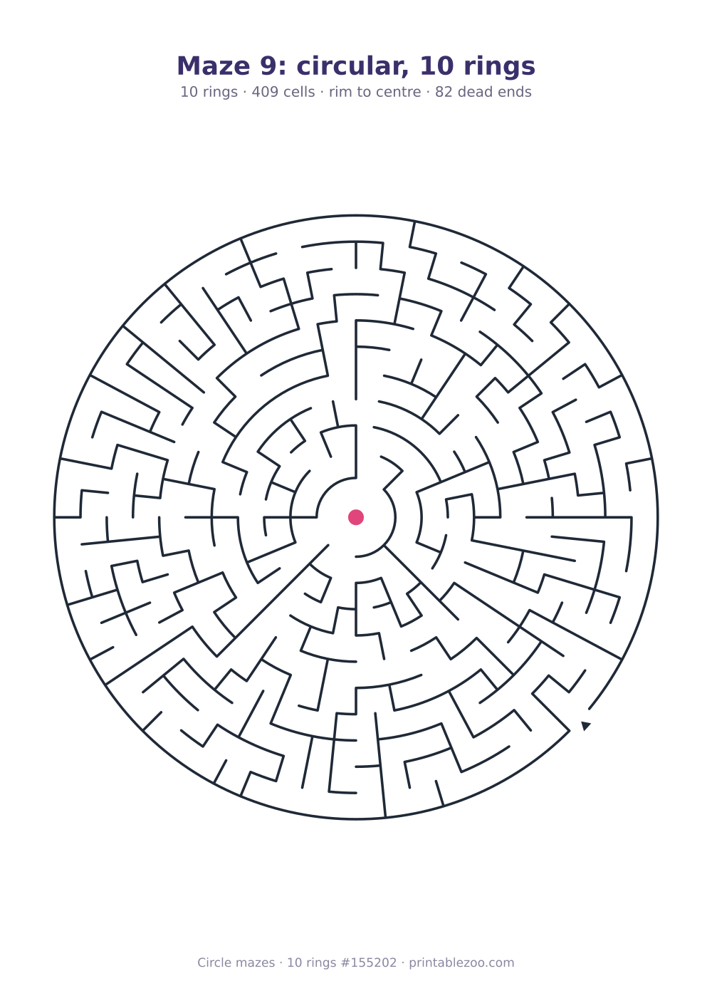 Printable circular maze with 10 rings, 409 cells and 82 dead ends, puzzle 155202
