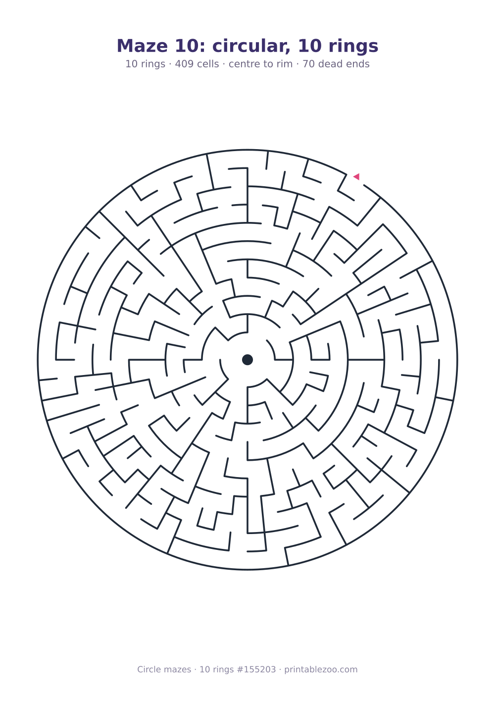 Printable circular maze with 10 rings, 409 cells and 70 dead ends, puzzle 155203