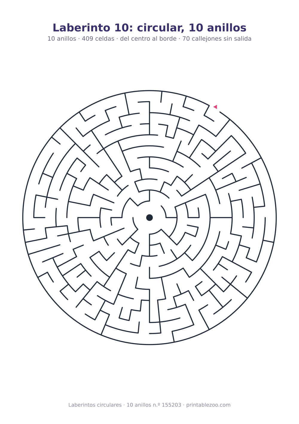 Laberinto circular para imprimir de 10 anillos, 409 celdas y 70 callejones sin salida, pasatiempo 155203