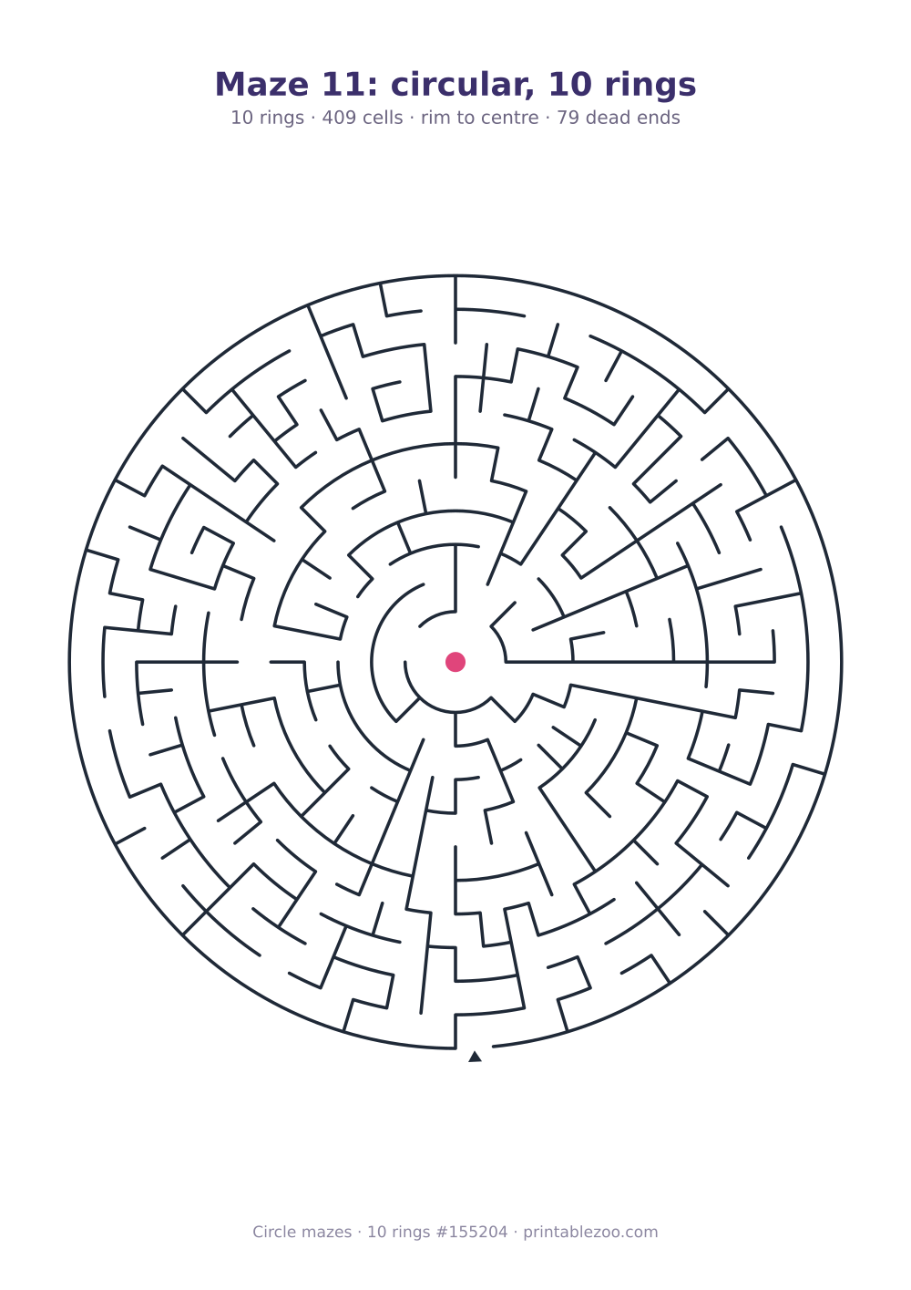 Printable circular maze with 10 rings, 409 cells and 79 dead ends, puzzle 155204