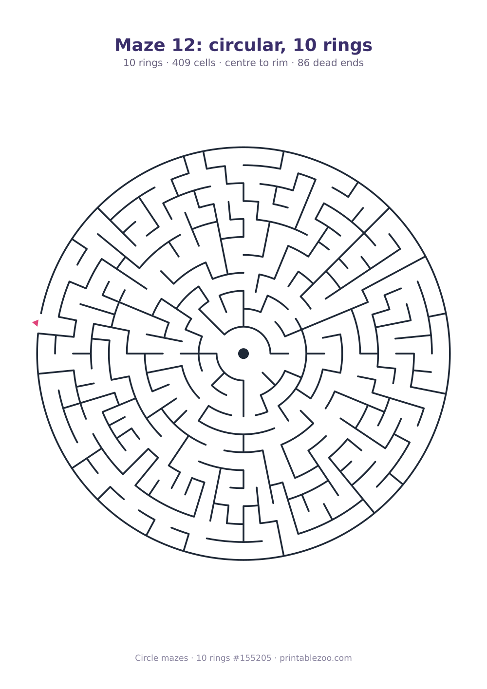Printable circular maze with 10 rings, 409 cells and 86 dead ends, puzzle 155205