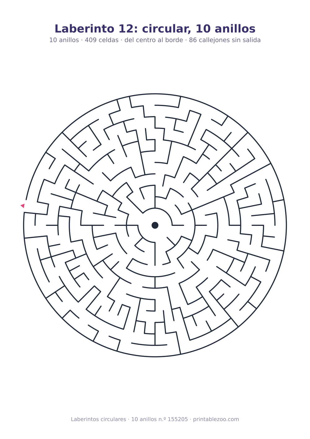 Laberinto circular para imprimir de 10 anillos, 409 celdas y 86 callejones sin salida, pasatiempo 155205