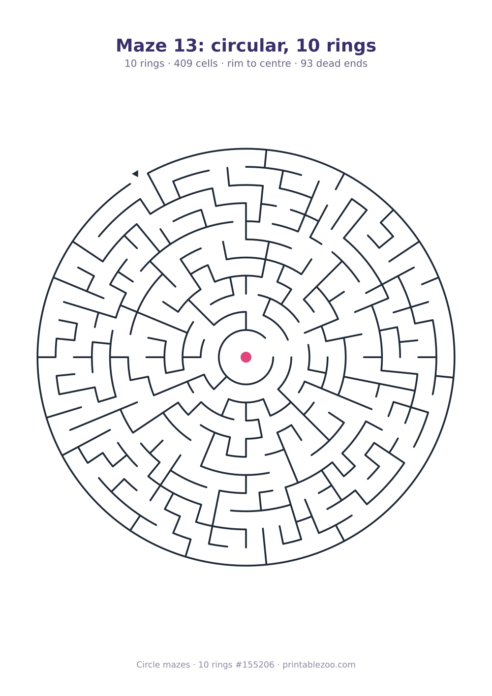 Printable circular maze with 10 rings, 409 cells and 93 dead ends, puzzle 155206